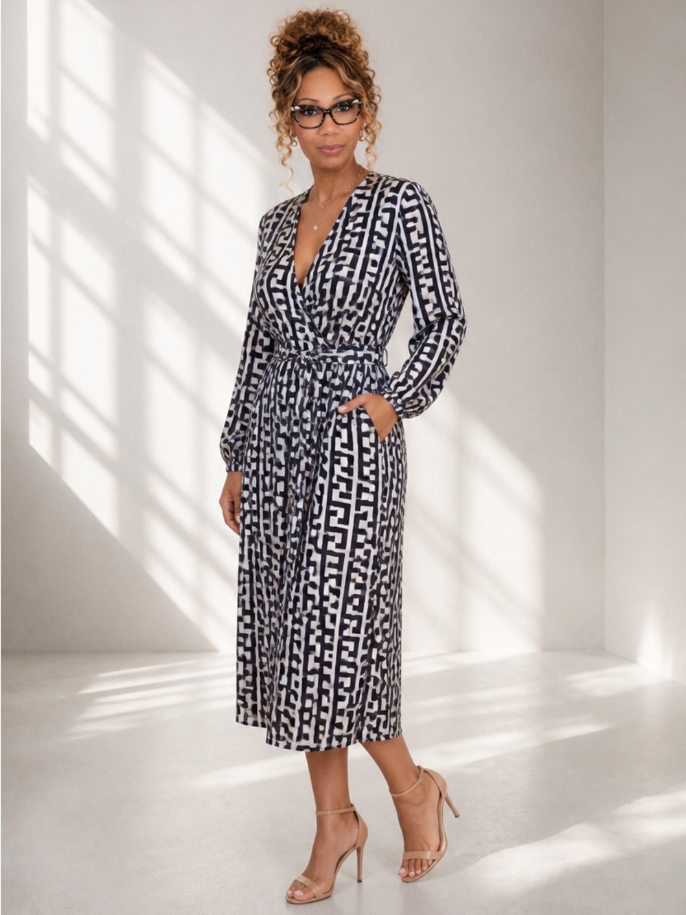 BloomChic Black & White Geometric Wrap Midi Dress